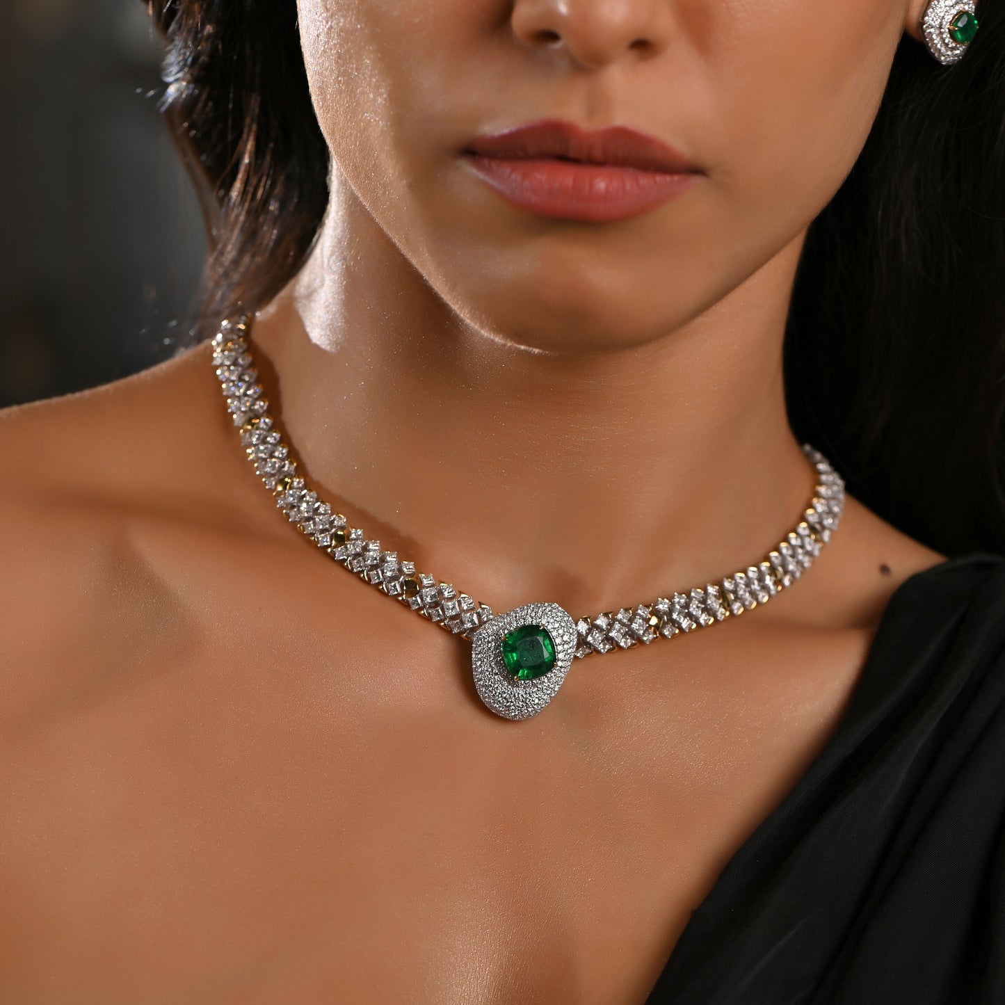 Stone Emerald diamond Necklace lab created