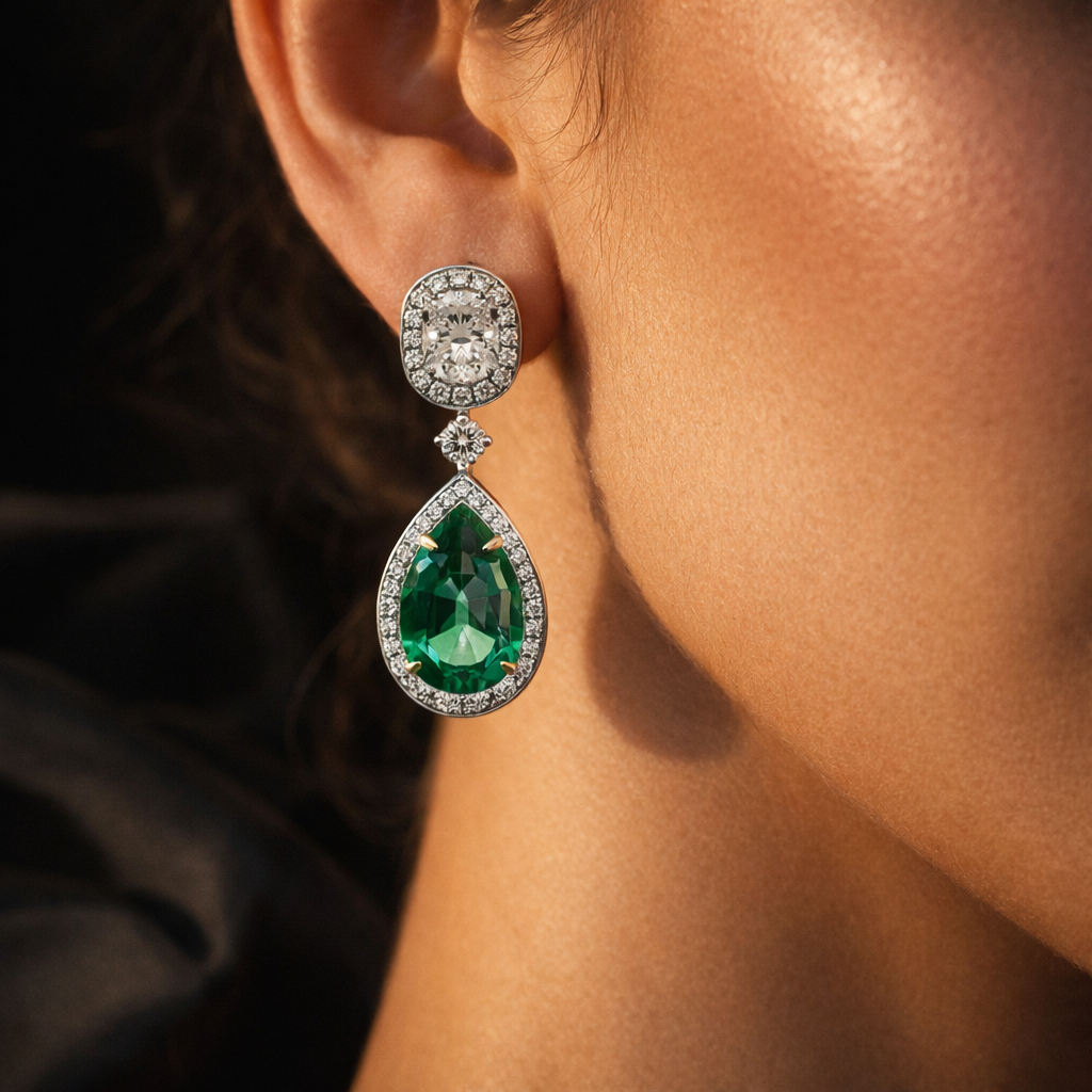 Emerald Symphony Diamond Drop Earrings
