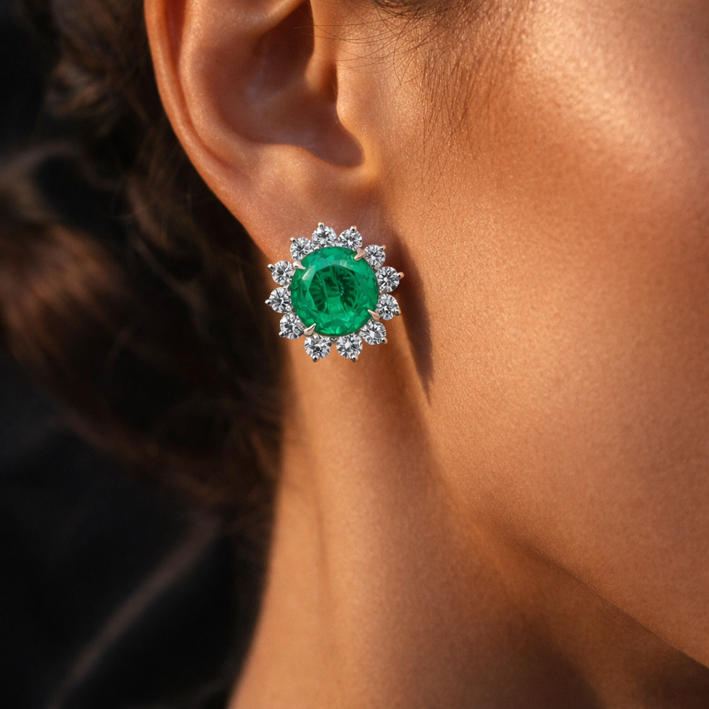 Emerald Sunburst Diamond Earrings