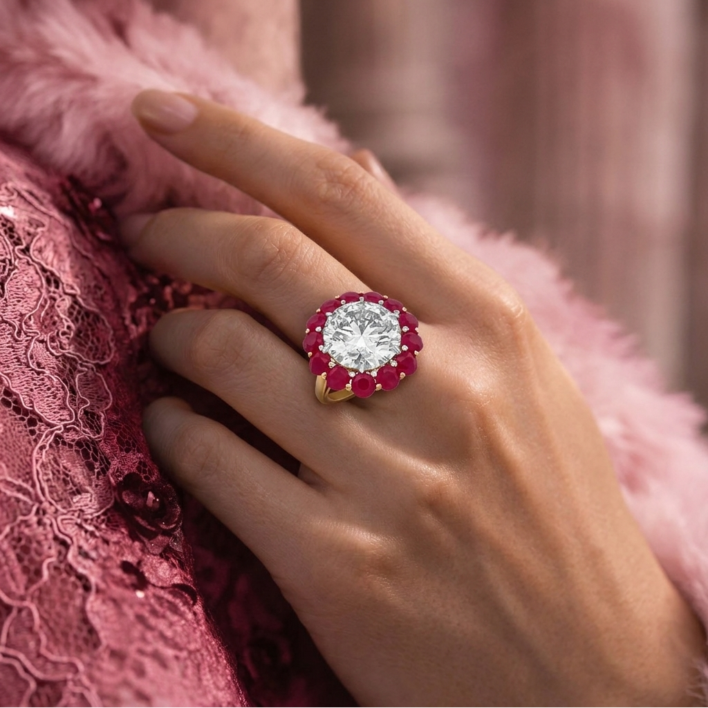 The Eternal Halo Ring in Radiant Ruby and Brilliant Diamond